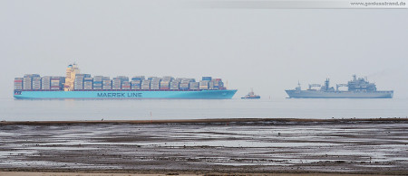 Wilhelmshaven: Containerschiff Maersk Stockholm, Einsatzgruppenversorger Bonn (A 1413) und Schlepper Bugsier 6