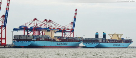 JadeWeserPort: Eugen Maersk (Emma-Maersk-Klasse) und die Majestic Maersk (Triple-E-Klasse) in Wilhelmshaven