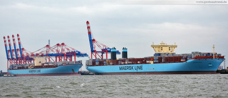 JadeWeserPort: Eugen Maersk (Emma-Maersk-Klasse) und die Majestic Maersk (Triple-E-Klasse) in Wilhelmshaven