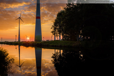 Ems-Jade-Kanal: Sonnenuntergang am Windpark Sande