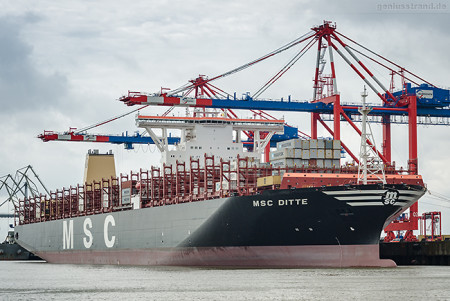 Größtes Containerschiff der Welt: MSC DITTE (L 398 m) am JadeWeserPort